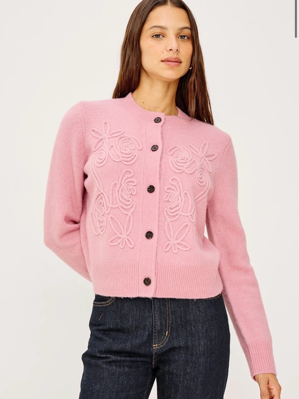 Rails pink Floral Appliqué Crewneck Cardigan Sweater